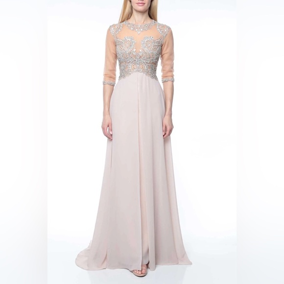 Terani Couture Beige and Silver Embellished Gown